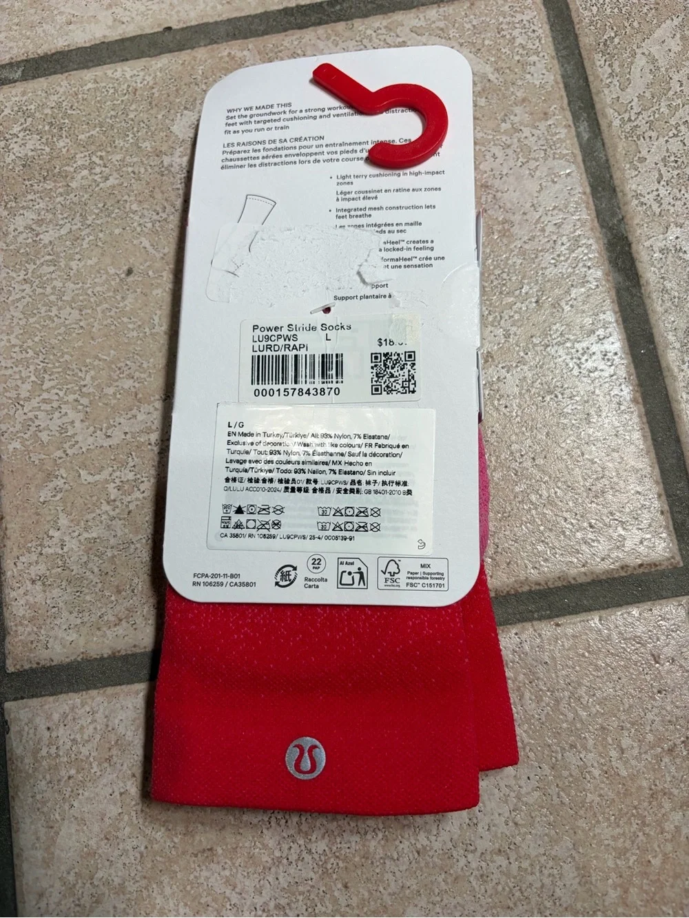NWT Lululemon Power Stride Socks *Crew Length (Lululemon Red/Raspberry) Size L